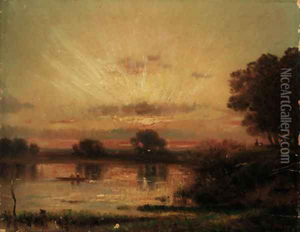 A river landscape at dusk Oil Painting - Jules Dupre