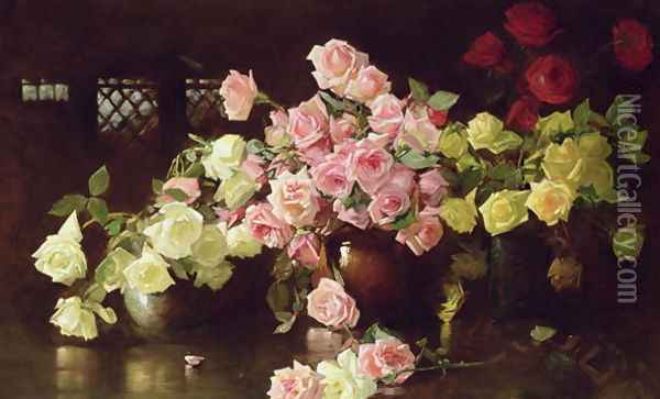 Still life with Roses, c.1890 Oil Painting - Joseph Rodefer DeCamp