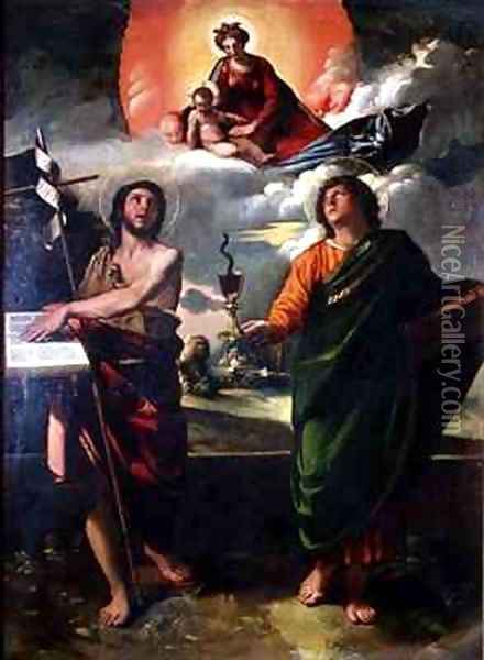 The Apparition of the Virgin to the Saints John the Baptist and John the Evangelist Oil Painting - Dosso Dossi