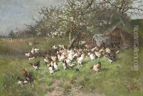 Printemps, poules sous le pommier en fleurs Oil Painting - Alexandre Defaux
