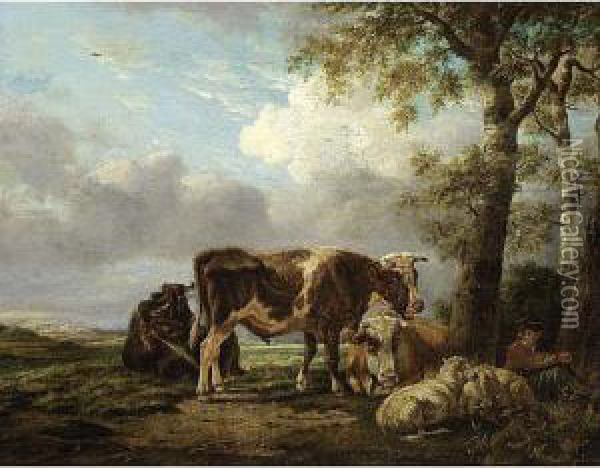 A Shepherd Boy And His Cattle Resting Besides A Tree Oil Painting - Anthony Jacobus Offermans