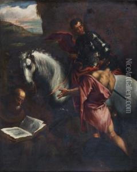 Saint Martin Donnant Son Manteau A Un Mendiant Et Saint Francois D'assise Lisant Oil Painting - Pedro De Orrente
