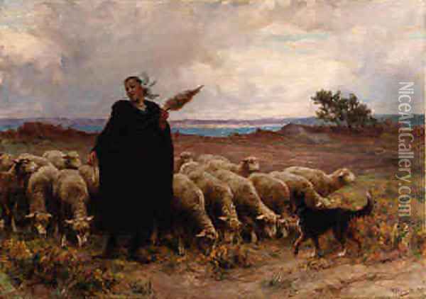 Shepherdess with her Flock Oil Painting - Theophile Louis Deyrolle