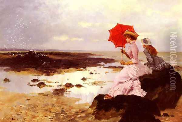 Au Bord De La Plage Sur Un Rocher (On a Rock by the Seashore) Oil Painting - Ernest Ange Duez