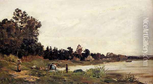 Washerwomen In A River Landscape Oil Painting - Hippolyte Camille Delpy