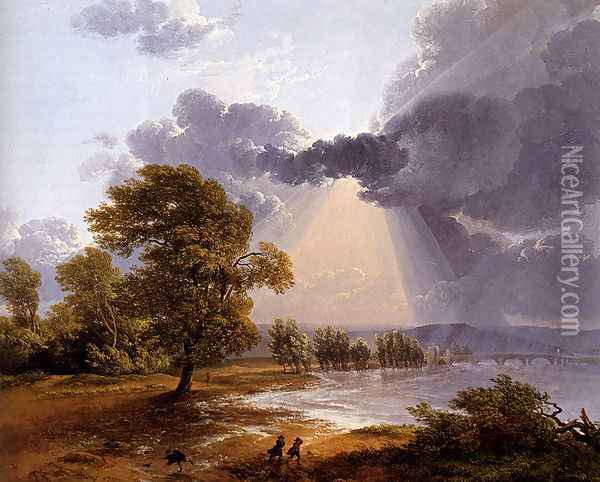 A River Landscape With An Approaching Storm, Figures Running In The Foreground Oil Painting - Simon-Joseph-Alexandre-Clement Denis