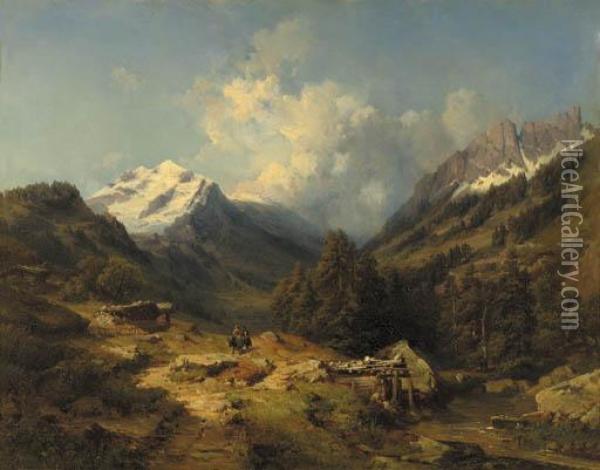Travellers In A Mountainious Landscape Oil Painting - Eduard Friedrich Pape