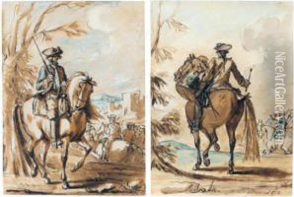 A Pair Of Studies: A Soldier On Horseback, A Drummer On Horseback Oil Painting - Charles Parrocel