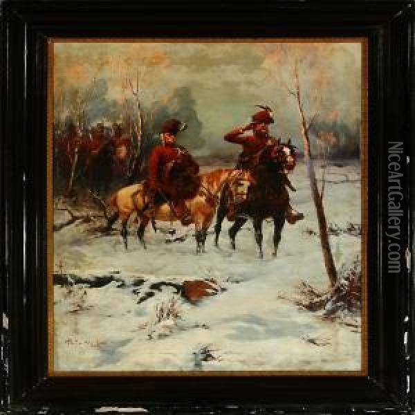 Soldiers Onhorsebacks Are Watching Over The Hungarian Plain On A Winter Day Oil Painting - Laszlo Pataky Von Sospatak