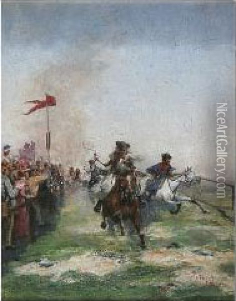 A Horse Race - Nearing The Finishing Line Oil Painting - Laszlo Pataky Von Sospatak