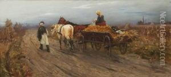 Bauernfamilie Mit Pferdefuhrwerk
 Auf Dem Heimweg. Oil Painting - Laszlo Pataky Von Sospatak