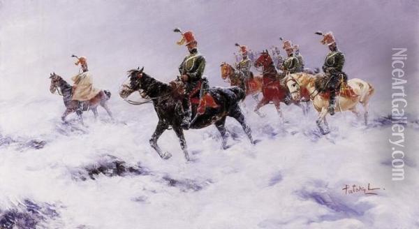 Cavalrymen In Snowstorm Oil Painting - Laszlo Pataky Von Sospatak
