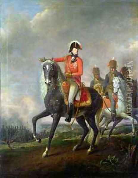 Equestrian portrait of the Duke of Wellington with British Hussars on a battlefield Oil Painting - Nicolas Louis Albert Delerive