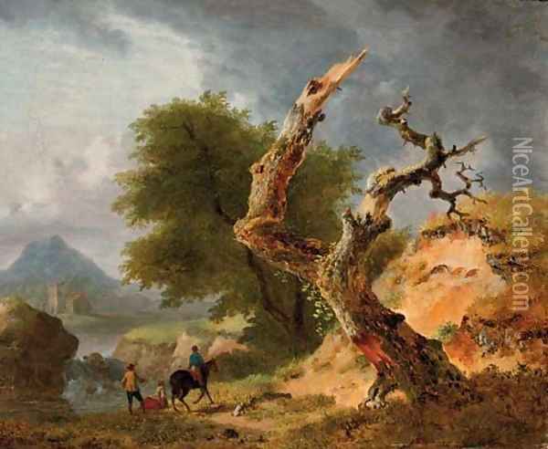 A mountainous landscape with figures by a stream near a dead tree Oil Painting - Jean Louis Demarne, Called Demarnette