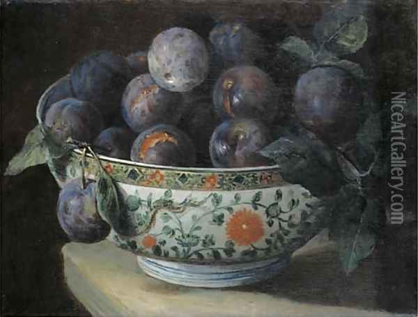 Plums in a Chinese porcelain bowl on a table ledge Oil Painting - Alexandre-Francois Desportes