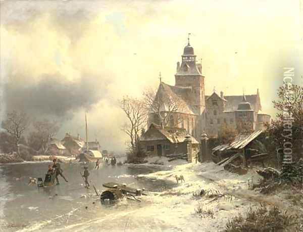 Skaters in a frozen winter landscape Oil Painting - Johannes Bartolomaus Duntze
