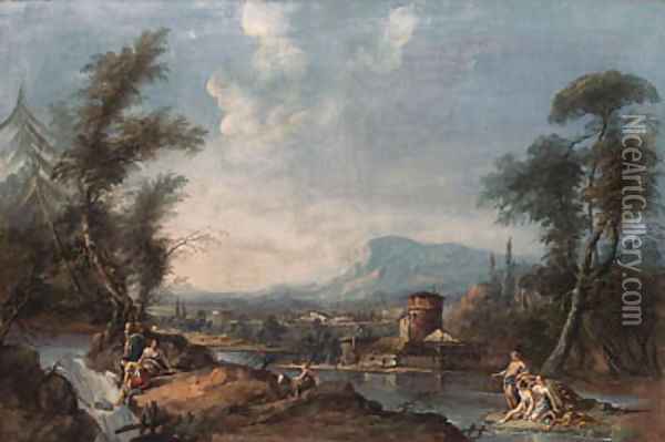 A classical landscape with a fisherman Oil Painting - Gaspare Diziani