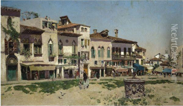 Plaza De Un Pueblo (a Spanish Village) Oil Painting - Martin Rico y Ortega