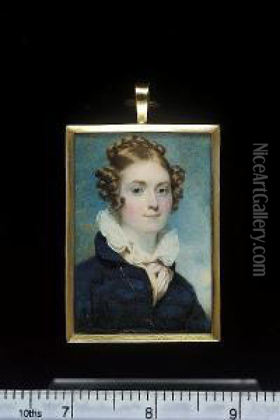 A Lady, Wearing Blue Coat With 
Black Frogging, Cream Waistcoat, Pink Cravat And White Ruff Collar, Her 
Hair In Ringlets And In A Plaited Bun Oil Painting - Andrew Robertson