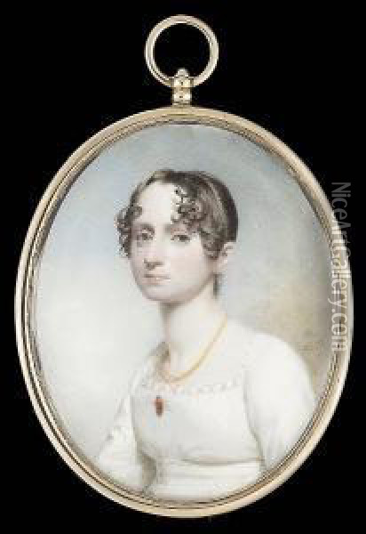 A Young Lady, Wearing White 
Dress With Scalloped Trim, Gold Mounted Ruby Brooch And Multi-strand 
Gold Necklace Oil Painting - Andrew Robertson