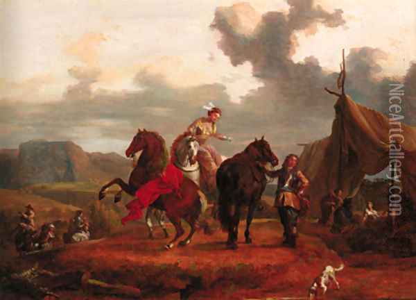Travellers asking directions on a country track; and Elegant riders at a gypsy encampment Oil Painting - Eustache Francois Duval