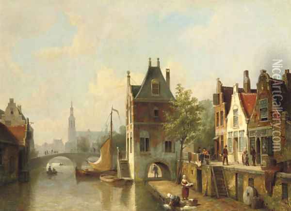 A capriccio view of a canal in Alkmaar Oil Painting - Cornelis Christiaan Dommersen