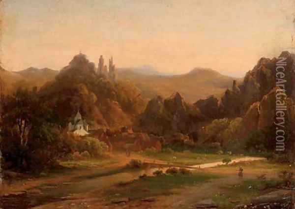 A riverside village in a valley Oil Painting - Johannes Josephus Destree