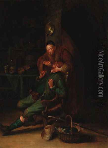 A dentist pulling teeth in an interior Oil Painting - Gerrit Dou