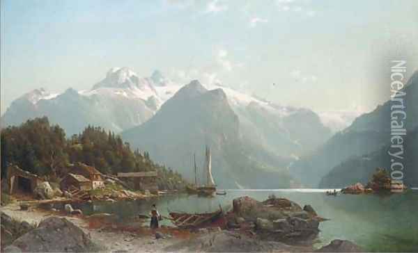 A Norwegian fjord landscape Oil Painting - Johannes-Bertholomaus Dutntze