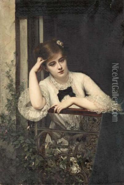 Jeune Fille Pensive Sur Un Balcon Oil Painting - Jules Emile Saintin