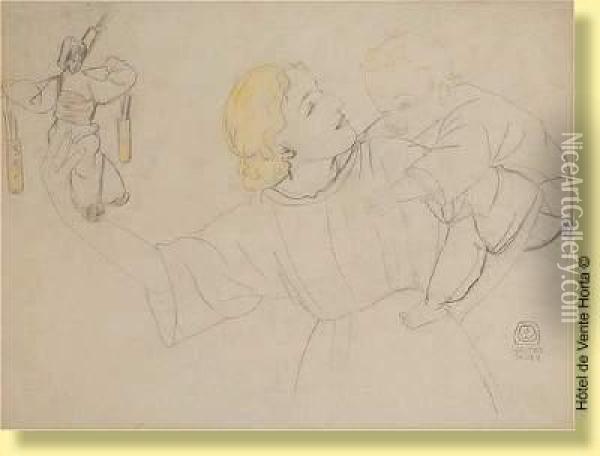 Femme, Enfant Et Marionnette Oil Painting - Walter Sauer