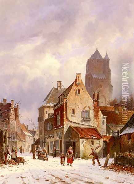 A Winter Street Scene Oil Painting - Adrianus Eversen