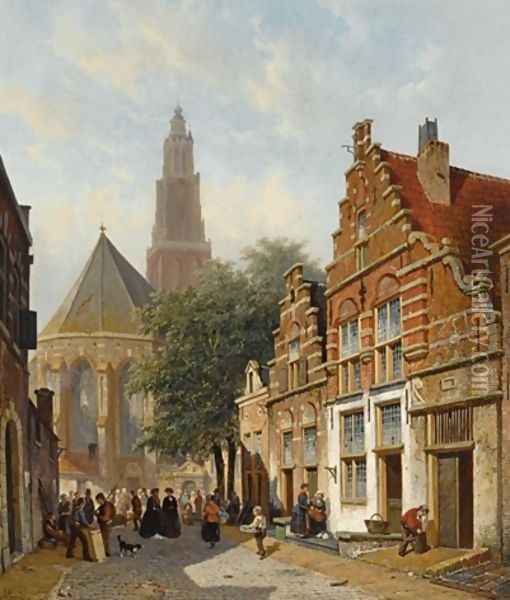 Elegant figures in a sunlit Dutch town Oil Painting - Adrianus Eversen