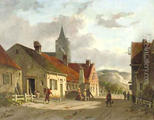 Daily activities in a sunlit Dutch town Oil Painting - Adrianus Eversen