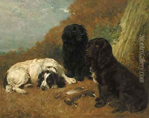 Midday Rest - spaniels with rabbits in a landscape Oil Painting - John Emms