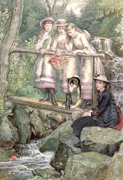 Four Girls and a Dog on a Bridge Over the Debdon Burn Oil Painting - Henry Hetherington Emmerson