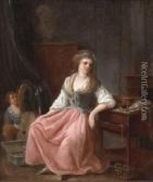 A Seated Young Woman By Her Dressing Table Oil Painting - Jean-Frederic Schall