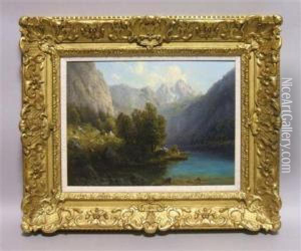 Alpine Lake View Oil Painting - Josef Schoyerer