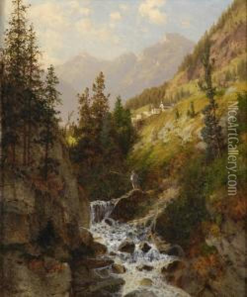 Gebirgsbach Mit Angler. Oil Painting - Josef Schoyerer