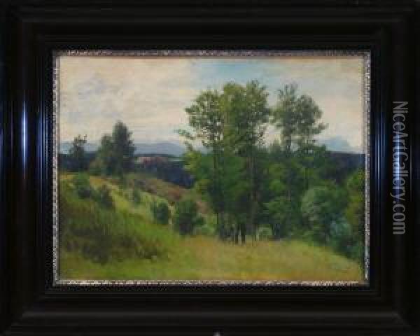 Weite Bewaldete Voralpenlandschaft, Links Im Hintergrund Ein Kleines Dorf Oil Painting - Josef Schoyerer