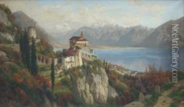 Italienische Pfarrkirche Oberitalienischen See Oil Painting - Josef Schoyerer