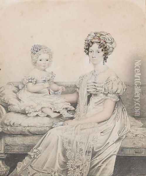 Portrait of a mother and child, said to be Rebe Lowndes and Rebe Mary Lowndes Oil Painting - Henry Edridge