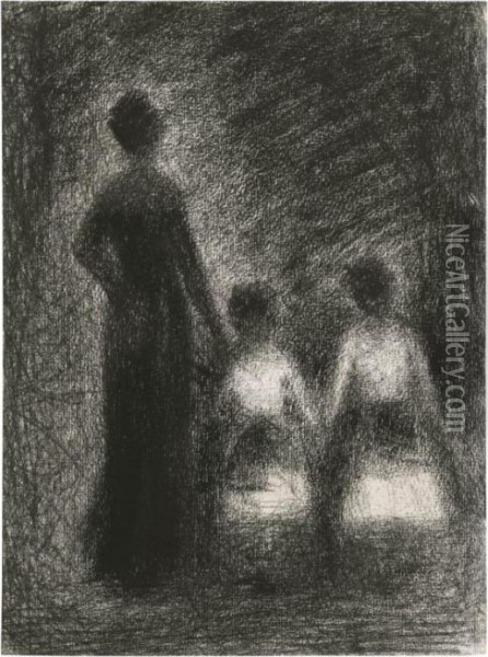 Femme Avec Deux Fillettes Oil Painting - Georges Seurat