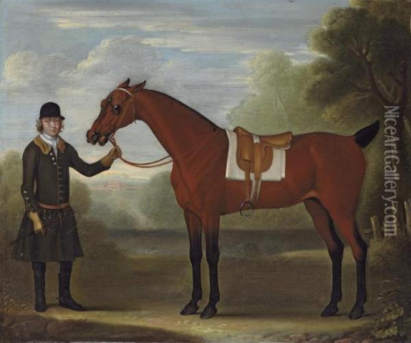 A Groom Holding A Saddled Bay Hunter In A Park, A Country House Beyond Oil Painting - James Seymour