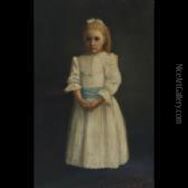 Young Girl In White Dress With Blue Sash Oil Painting - James Jebusa Shannon