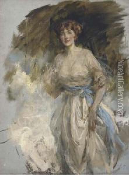 Portrait Of Lady Grace Dance, 
Three-quarter-length, In A Whitedress With Blue Waistband, A Sketch Oil Painting - James Jebusa Shannon