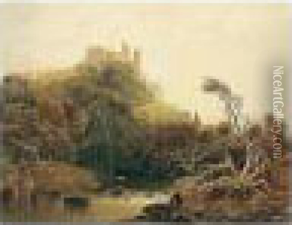 View On The River Dart By Berry Pomeroy Castle, South Devon Oil Painting - George Sidney Shepherd