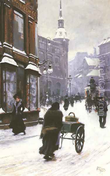 A Street Scene In Winter, Copenhagen Oil Painting - Paul-Gustave Fischer