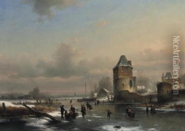 A Winter Landscape With Many Figures On A Frozen Waterway Oil Painting - Louis Smets
