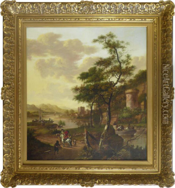 Landschaft Mit Flus, Schiffern Und Reitern,1674 Oil Painting - Jan Gabrielsz. Sonje